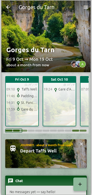 A Pack Animal trip: photo header, a row of day cards with check-ins and weather, and a group chat.